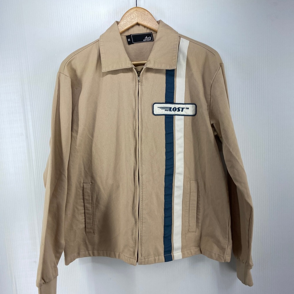 Lost Enterprises Goodtime Tan Blue White Stripe Zip Up Jacket Mens Medium
